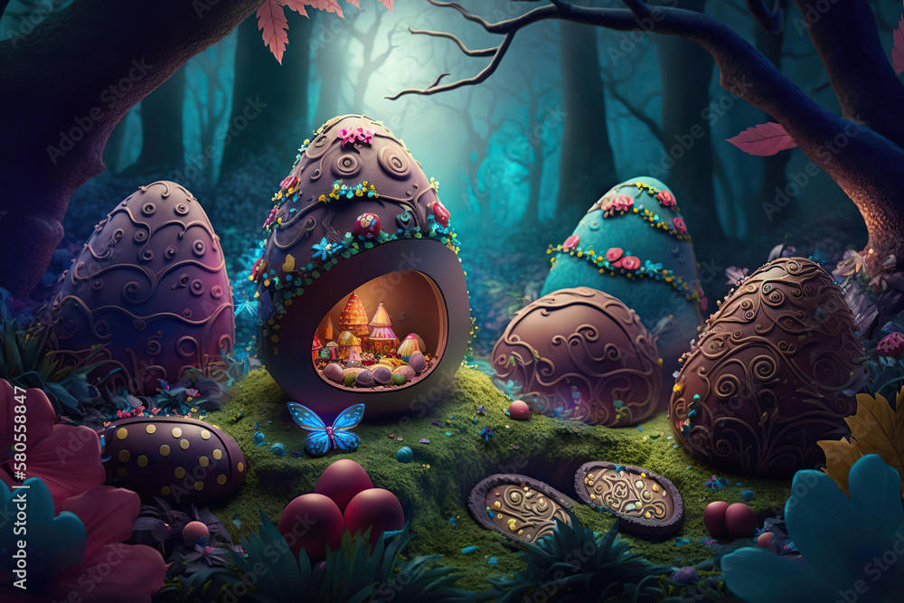 Wall mural delicious chocolate easter eggs in a colorful forest, card, generative ai