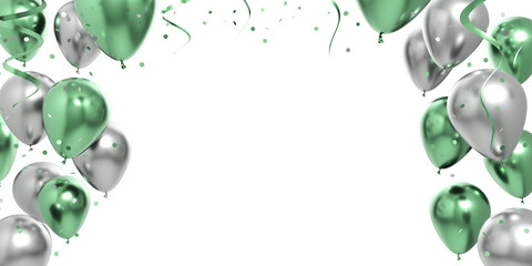 celebration green silver balloons and confetti 3d - obrazy, fototapety, plakaty