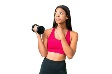 Young African American woman sport woman making weightlifting over isolated chroma key background having doubts while looking up