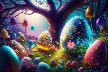 Obraz na płótnie Canvas magical forest with beautiful decorated easter eggs, Generative AI