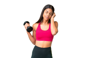 Young African American woman sport woman making weightlifting over isolated chroma key background frustrated and covering ears