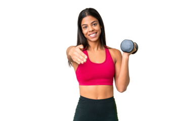Young African American woman sport woman making weightlifting over isolated chroma key background shaking hands for closing a good deal