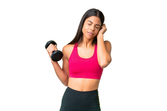Young African American woman sport woman making weightlifting over isolated chroma key background frustrated and covering ears - Powered by Adobe