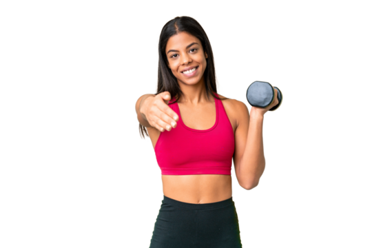 Young African American woman sport woman making weightlifting over isolated chroma key background shaking hands for closing a good deal