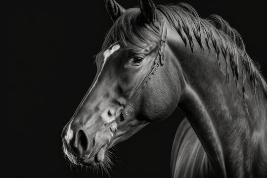 Portrait of a black kladruby horse on a dark background, taken in black and white. Generative AI