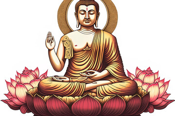lord buddha, caricature, cartoon, human hands, sitting buddha on lotus flower. AI-Generated