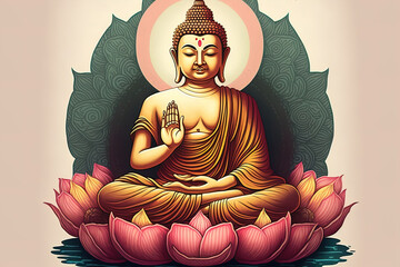 lord buddha, caricature, cartoon, human hands, sitting buddha on lotus flower. AI-Generated