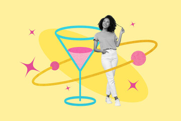 Photo collage artwork minimal picture of smiling dreamy lady enjoying fresh tasty cocktail isolated...