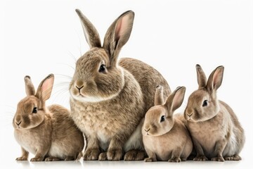 Fototapeta premium Portrait of a cute mother rabbit and her four babies, isolated on a white background. Family idea about a pet animal. Generative AI