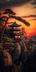 Ancient Citadel in Japan: High Rock Landscape with Vibrant Sunset. AI-Generated