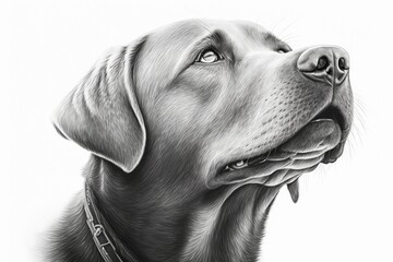 A happy labrador retriever is shown in a realistic black and white portrait. Dog's head drawn by hand and set against a white background. Generative AI