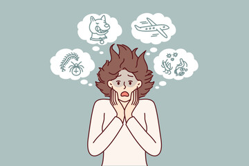 Woman with phobias and manic and rational fears associated with violation of psychological health. Shaggy girl phobia of flying on airplane or meeting stray dog and getting infested with ticks