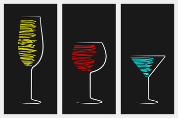 Wine glass logo. Red and White wine drink. Liquer. Vintage design on black background. Vector set Illustration