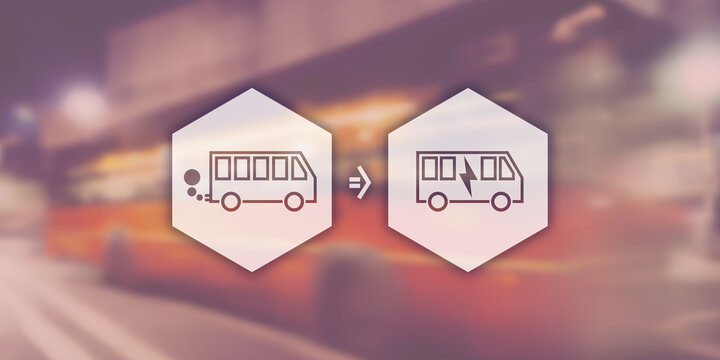 Symbolbild f&uuml;r den Wandel von Verbrennungsmotoren im Nahverkehr bei Bussen zu E-Mobilit&auml;t. Icons vor einem Hintergrundbild im Header-Format.