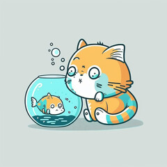 Fototapeta premium Cute cat and fish, land animal and sea creature, premium vector art, illustration, flat cartoon design, Generative AI