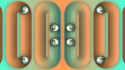 Colorful symmetrical pattern with rolling metal balls. Bright abstract background. 3d rendering digital illustration