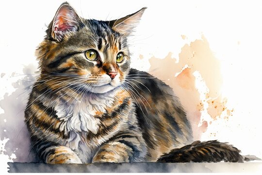 Pet portrait art of a Tabby cat kitten done in watercolor. Generative AI