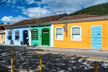 Colorful houses in colonial Portuguese architecture in Ribeirao da Ilha, Florianopolis, Santa...