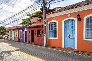 Colorful houses in colonial Portuguese architecture in Ribeirao da Ilha, Florianopolis, Santa Catarina, Brazil.