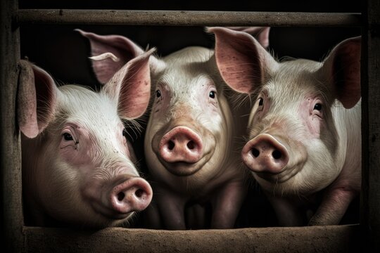 Pigs inside on a farm yard waiting to be fed. pigs in the pen. Portrait animal. Generative AI