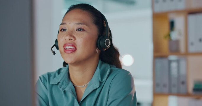 Contact us, call center and happy Asian woman in a telecom communications company help desk at night. Smile, faq or insurance sales agent working in customer support talking or speaking online on mic