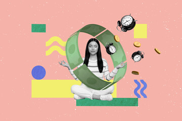 Creative collage picture of mini black white colors girl meditate flying bell ring clock money coins bills isolated on painted background