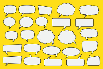 Obraz premium Set of speech bubbles. Speak bubble text, cartoon chatting box, message box. Blank empty vector white speech bubbles on yellow background. Cartoon balloon word design.