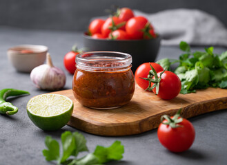 Tomato paste of hot pepper marinara with garlic, tomatoes and herbs in jars on a wooden board on a dark background.