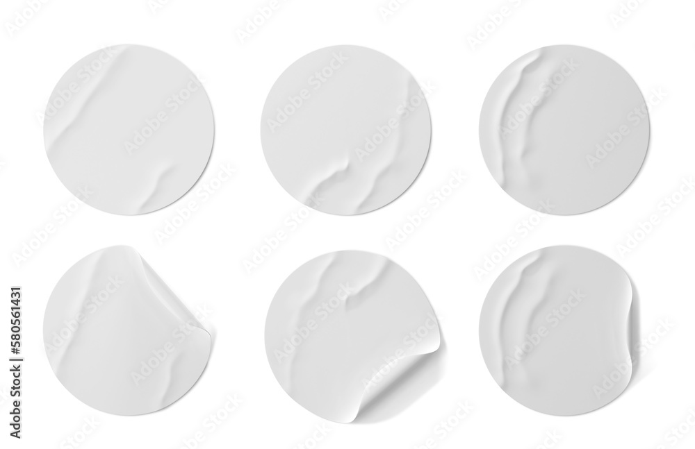 Poster white round stickers with wrinkles and curl edges 3d render. realistic set of glued paper patches, b