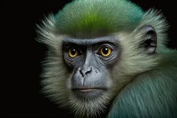 Fototapeta premium Green monkey close up portrait on black background. Generative AI