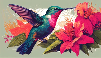 An illustration of a hummingbird drinking nectar from a bright pink flower Generative AI