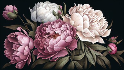 An illustration of a bouquet of peonies in shades of pink and white Generative AI