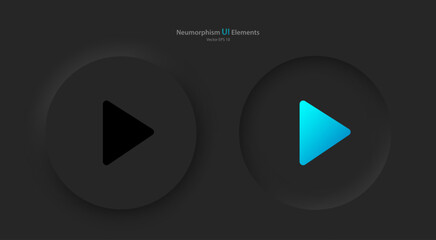 A set of round buttons with black and blue play symbols. User interface elements for mobile devices in the style of neumorphism, UI, UX. Vector illustration.
