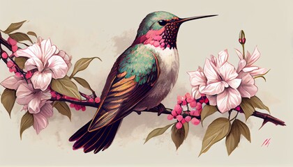 An illustration of a hummingbird perched on a branch with pink cherry blossoms Generative AI