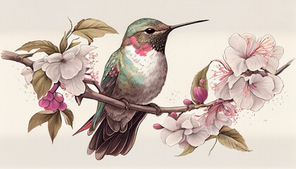 An illustration of a hummingbird perched on a branch with pink cherry blossoms Generative AI