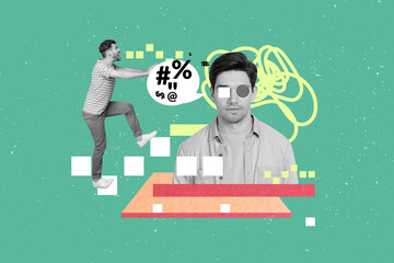 Creative collage picture of mini angry black white effect guy scream yell big person negative...