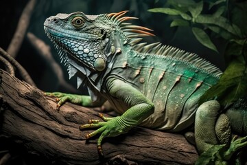 Fototapeta premium Close up picture of a green iguana sitting on a branch. Generative AI