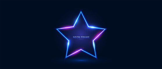 Obraz premium Neon star-shaped frame with shining effects and highlights on a dark blue background. Futuristic sci-fi modern neon glowing banner. Vector EPS 10.