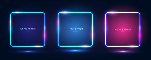 Square neon frames with shining effects, highlights on a dark blue background. A set of three futuristic modern neon glowing banners. Vector EPS 10.