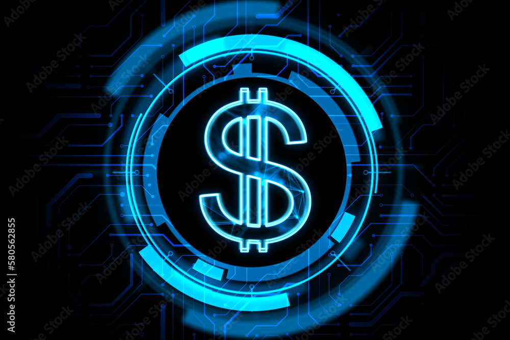 Poster money exchange and finance concept with digital blue dollar symbol in microcircuit circle on abstrac