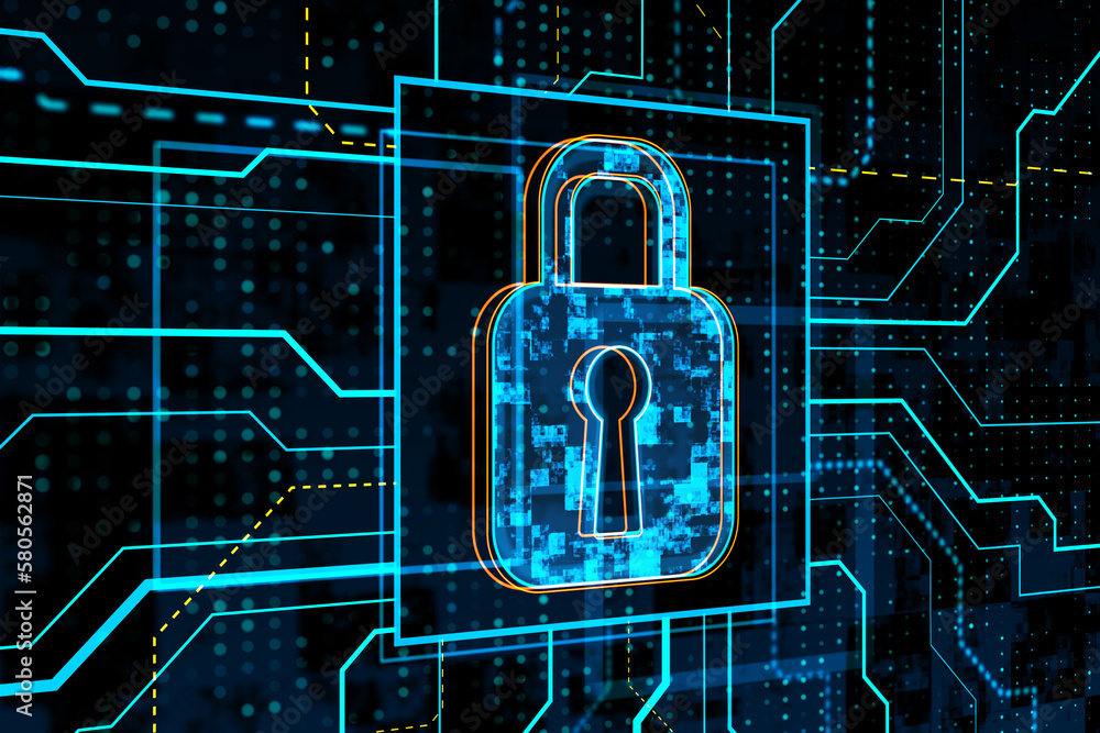 Aufkleber glowing safety and security circuit padlock hologram on blurry background. 3d rendering.