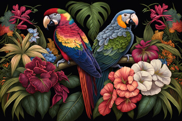  Zwei Papageien in tropischer Umgebung