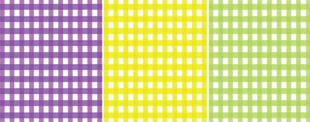 Colorful plaid background set, seamless vector pattern set, straight line, purple, yellow, green