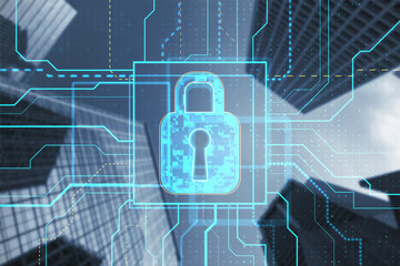Glowing safety and security circuit padlock hologram on blurry city background. Double exposure.
