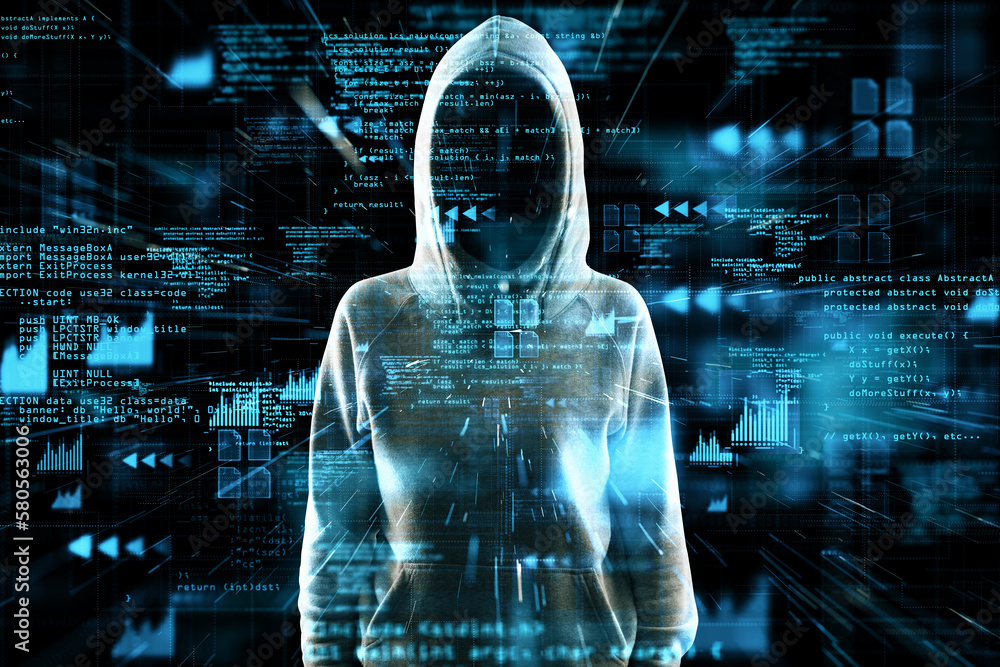 Poster hacker with glowing hacking hologram on blurry dark background. crypto, security and criminal concep