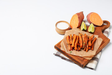 Concept of tasty food, fried sweet potato, space for text
