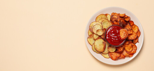 Concept of tasty food, fried sweet potato, space for text