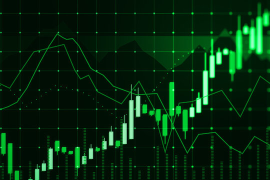 Glowing green candlestick forex chart hologram on dark background. Trade and market concept. 3D Rendering.
