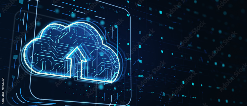 Aufkleber Cloud service and information exchange concept with digital cloud symbol made from microcircuit with arrow inside on background with place for your advertising poster or text. 3D rendering, mock up