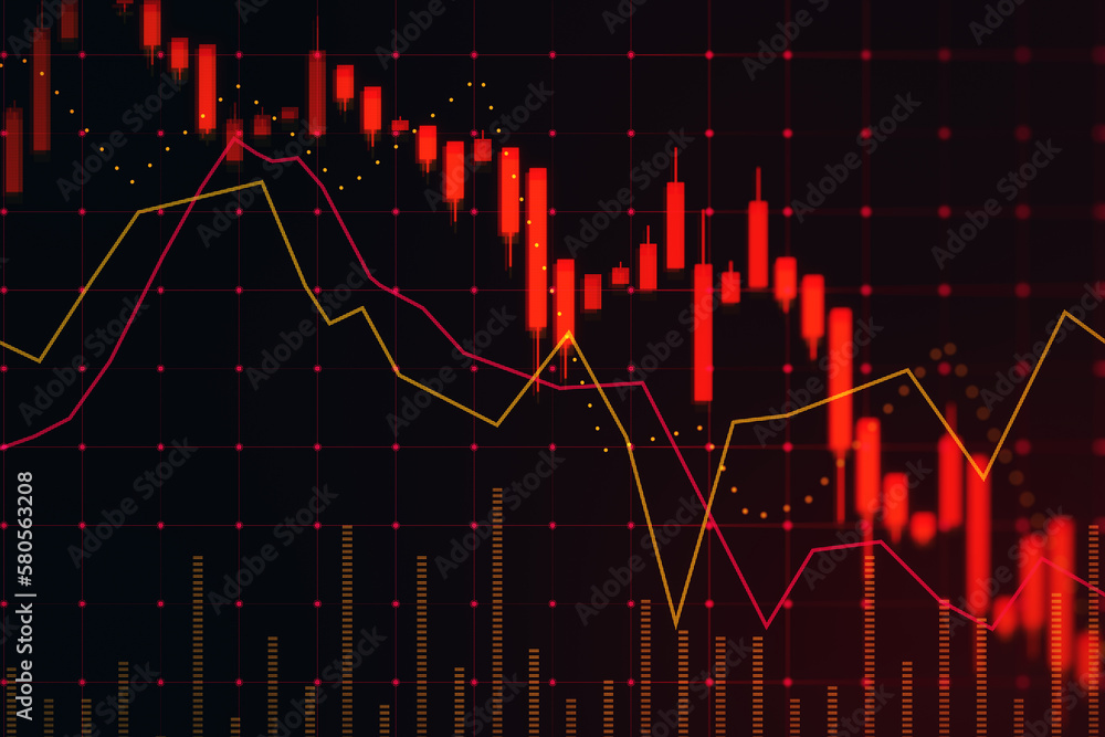 Poster economy recession and inflation concept with falling down digital red financial chart candlestick an